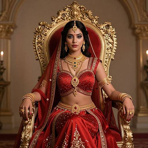 Indian bride in ornate red bridal attire with gold jewelry, sitting on an elaborate gold throne in opulent room. Photorealistic image.