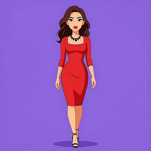 Digital illustration of a confident woman with wavy brown hair, red dress, black necklace, and black heels, walking against a purple background.