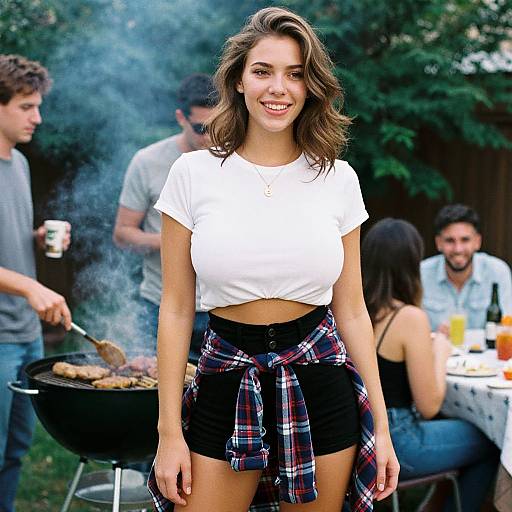 Photograph of a smiling young woman with wavy brown hair, wearing a white cropped top and black shorts with a plaid shirt tied around her waist
