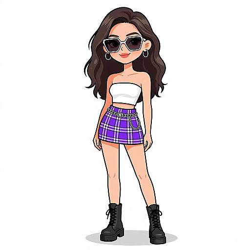 Digital drawing of a confident young woman with long dark hair, wearing oversized sunglasses, white tube top, purple plaid mini skirt, black boots, and
