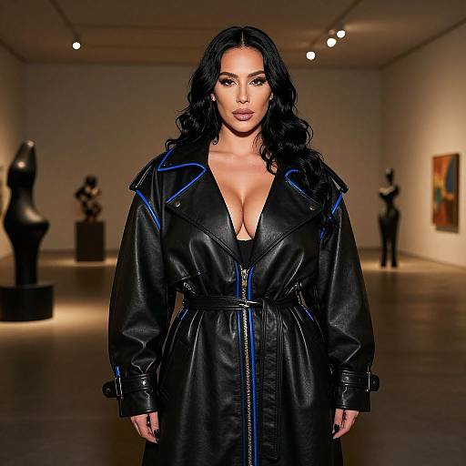 Photograph of a confident woman with long, wavy black hair, wearing a black leather trench coat with blue trim, walking down a dimly lit