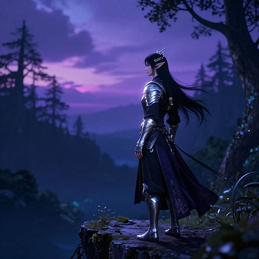 Digital art of a lone, armored, long-haired woman with a crown, standing on a rock, facing a purple twilight forest landscape.