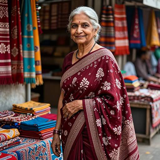 Photograph of an elderly Indian woman with gray hair, wearing a maroon floral saree, standing in a colorful textile market.