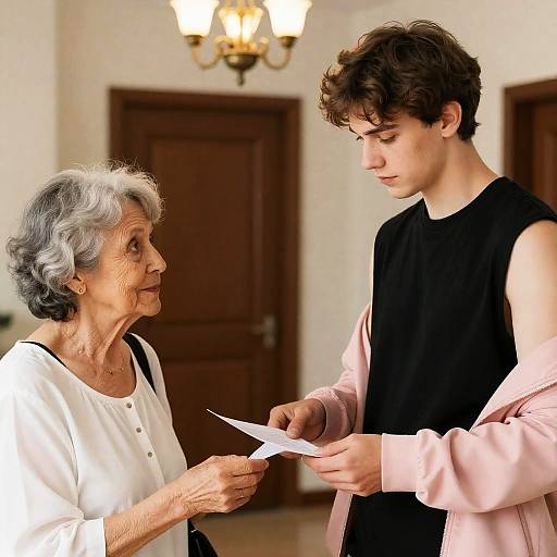 Young Man and Elderly Woman Exchange