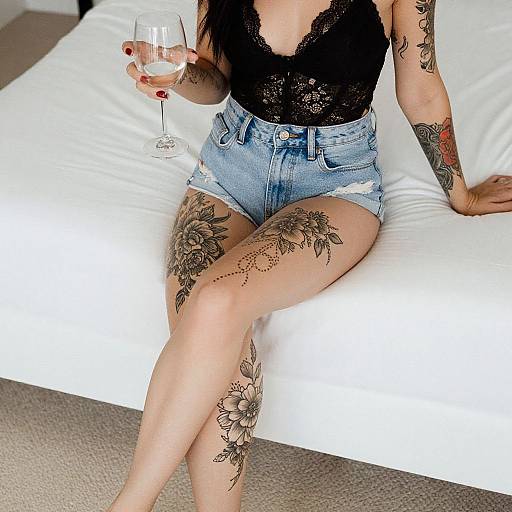Tattooed woman in black lace top and denim shorts, holding a wine glass, sitting on a white bed, floral thigh tattoos.