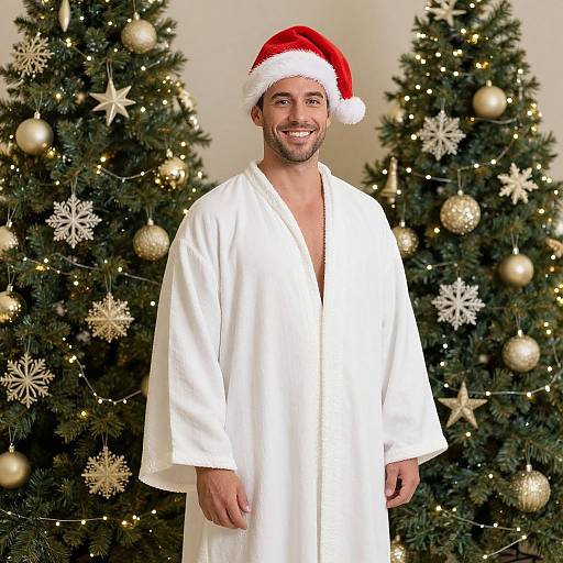 Photograph of a smiling man with a trimmed beard, wearing a red Santa hat and white bathrobe, standing between two decorated Christmas trees with gold ornaments