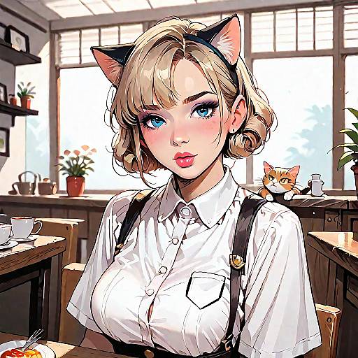 Cat-Eared Waitress in Cozy Cafe