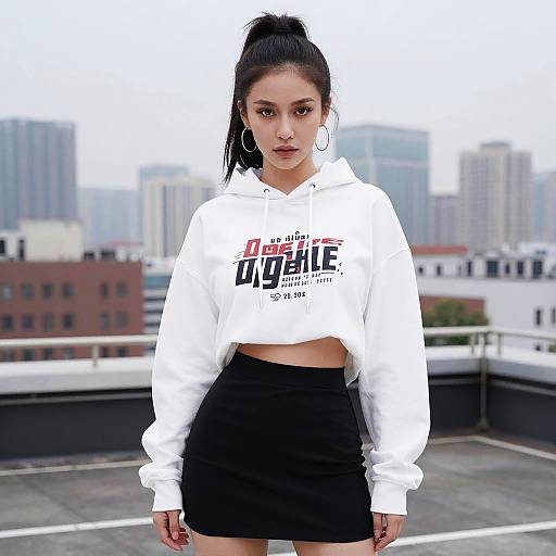Photograph of a young Asian woman with black hair in a high ponytail, wearing a white crop hoodie and black mini skirt, standing on a rooftop