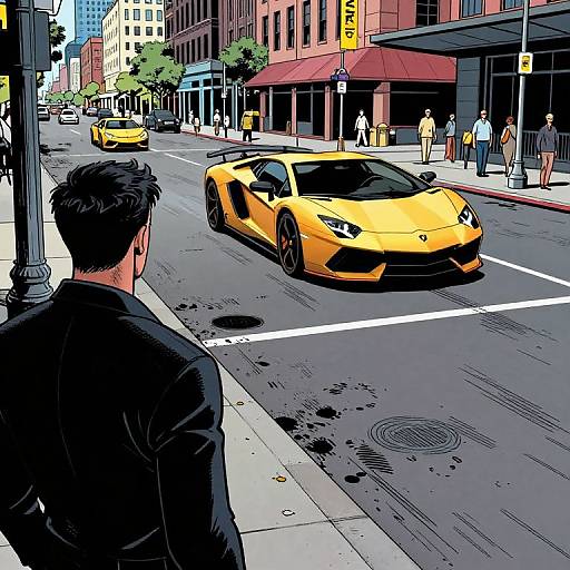 Digital comic-style illustration of a man in a black jacket watching a bright yellow Lamborghini drive on a city street.