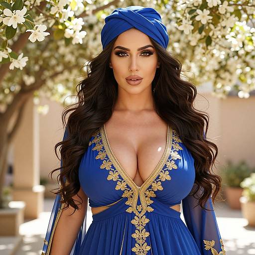 Photorealistic digital portrait of a beautiful woman with large breasts, wearing a deep blue, low-cut dress with gold embroidery, and a matching blue head