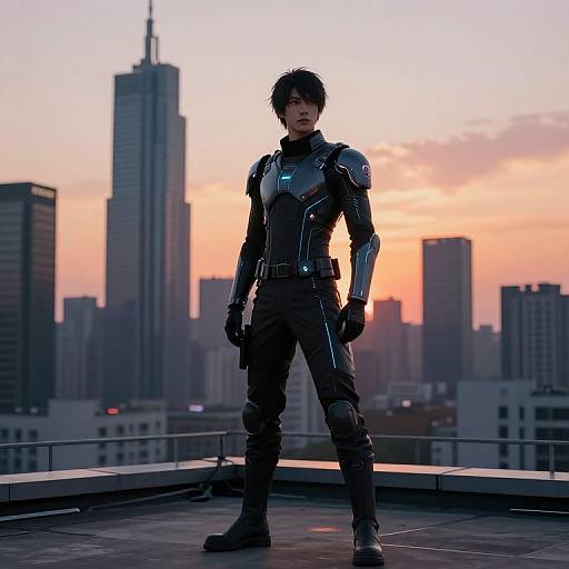 Photograph of a young Asian man in futuristic black armor standing on a rooftop at sunset, with a city skyline of tall skyscrapers in the background