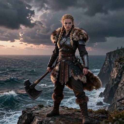 Digital artwork of a fierce blonde warrior in fur-trimmed armor, standing on a rocky cliff with a stormy ocean and sunset sky in the background