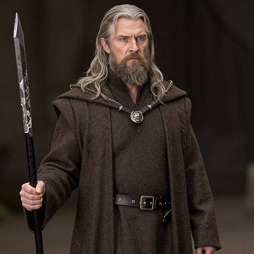 Photorealistic CGI of a stern, bearded man with long gray hair, wearing a dark brown cloak and holding a black sword with a silver emblem
