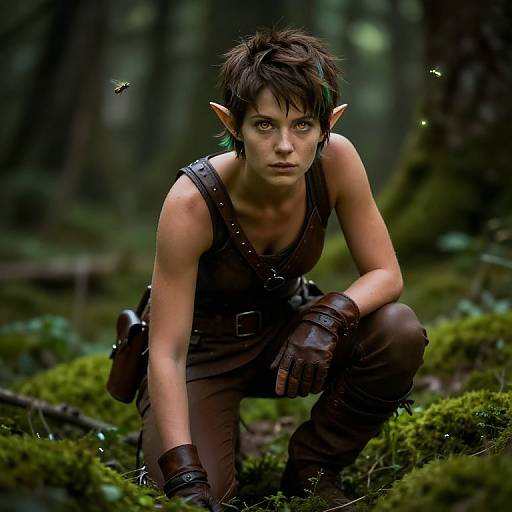 Photorealistic digital artwork of a determined, elf-like woman with pointed ears, short dark hair, wearing brown leather outfit, crouching in a