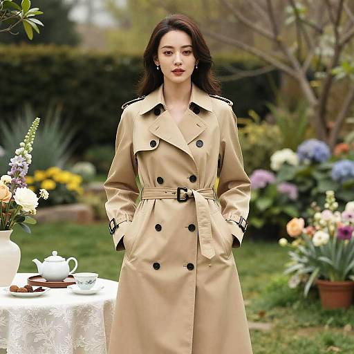 Photograph of an elegant Asian woman in a beige trench coat, standing in a colorful garden with flowers and a white table.
