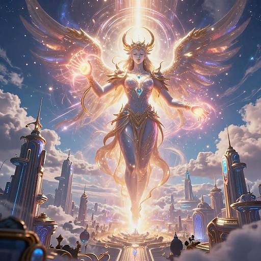 Digital artwork of a celestial, winged goddess with glowing aura, golden crown, and blue armor, hovering above a futuristic cityscape.