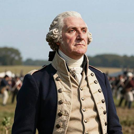 Photograph of an elderly white man with white hair, wearing a navy blue and beige 18th-century military uniform, standing outdoors with a blurred battlefield