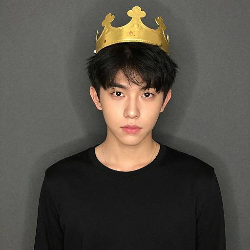Photograph of an Asian teenage boy with black hair, wearing a gold crown and a black shirt, set against a gray background.