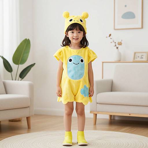 Photograph of a smiling young girl in a yellow cartoon-themed outfit with blue blob and cloud, yellow hat with ears, yellow socks, standing in a