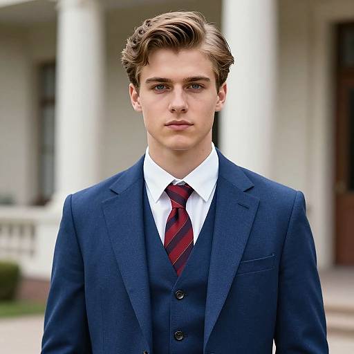 Photograph of a young Caucasian man with light brown, wavy hair, wearing a dark blue three-piece suit, white shirt, and red striped tie