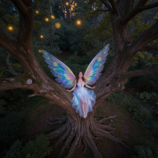 Photograph of a fairy with iridescent wings, sitting on a large tree branch at night, surrounded by glowing fairy lights.