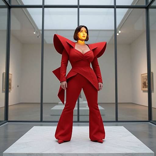 Photograph of a confident woman with short black hair in a bold, red, avant-garde suit with exaggerated shoulders, standing on a white platform in