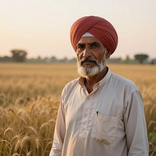 Photograph of an elderly Indian man with a grey beard, wearing a red turban and white button-up shirt, standing in a golden wheat field at
