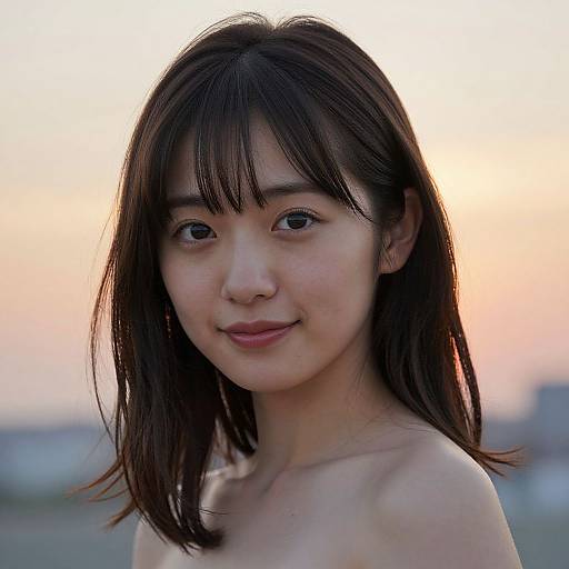 Photograph of a young Asian woman with straight dark brown hair and bangs, smiling softly, topless against a sunset sky.