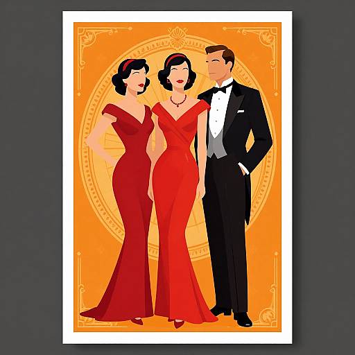 Digital illustration of a stylish, elegant couple in red and black formal attire, standing against an orange, Art Deco-inspired background.