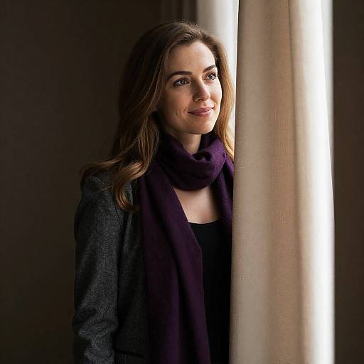 Contemplative Woman Behind a Curtain