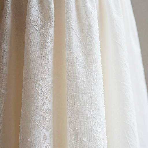 Close-up photograph of sheer, white curtains with subtle floral patterns, brightly lit from sunlight on the right side.