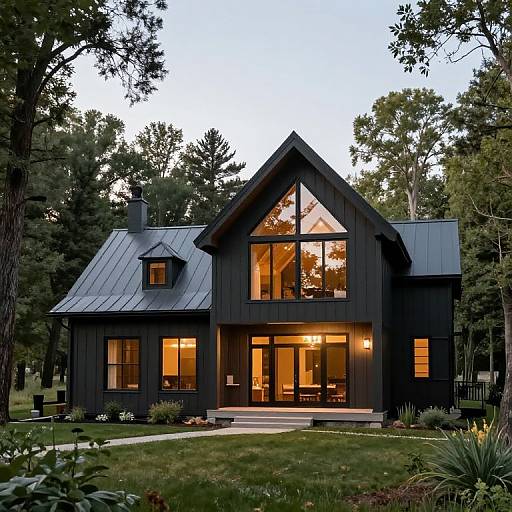 Photograph of a modern, dark charcoal wooden house with large, illuminated windows, set amidst a forest of tall pine trees at dusk.