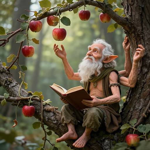 Photorealistic digital painting of an old, white-bearded, pointy-eared elf reading a book while surrounded by red apples on a tree in