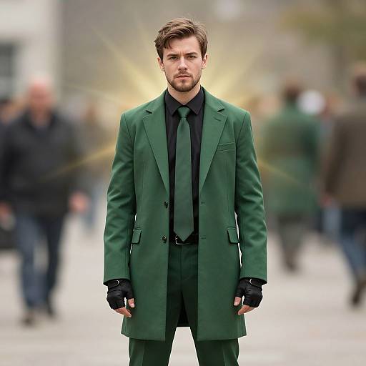 Photograph of a handsome, bearded man in a green suit, black shirt, and tie, standing confidently in a blurred city street.