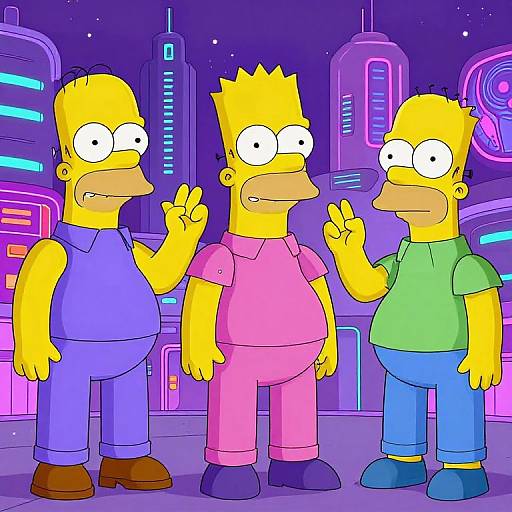 Digital illustration of three yellow-haired, cartoon-style men in a neon-lit, futuristic city at night, each raising a hand with a finger gesture,