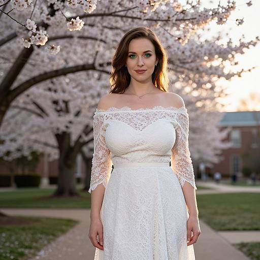 Photograph of a fair-skinned woman with long brown hair in a white lace off-shoulder wedding dress, standing in front of blooming cherry