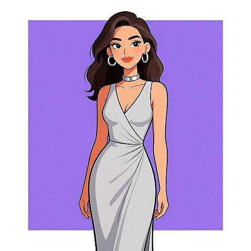 Digital illustration of a beautiful woman with long dark hair, wearing a white, sleeveless, V-neck dress, and large hoop earrings, against a purple