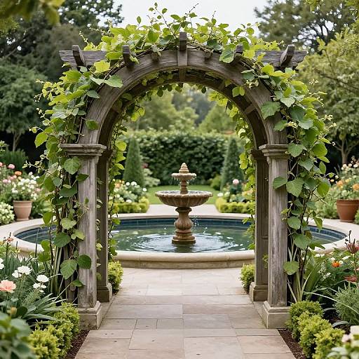 Photograph of a wooden garden arch with ivy, framing a stone fountain in the center of a lush, flower-filled garden.