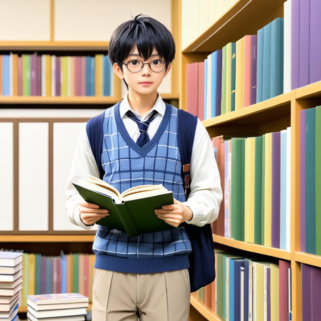 Nerdy Boy in a Cozy Library Scene