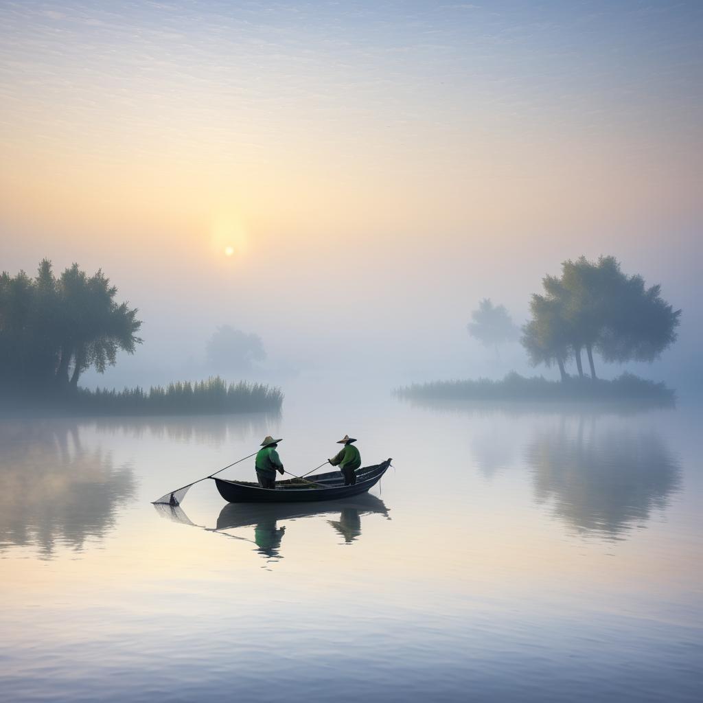 Monet-Style Fisherman at Misty Dawn