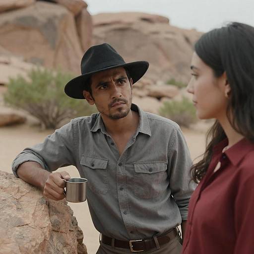 Man and Woman in Desert Conversation