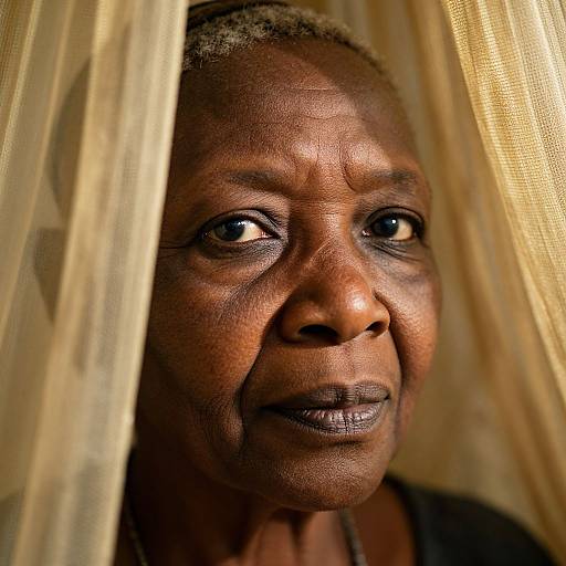 Close-up photograph of an elderly Black woman with deep wrinkles, dark skin, and short gray hair, gazing through sheer beige curtains with soft, golden