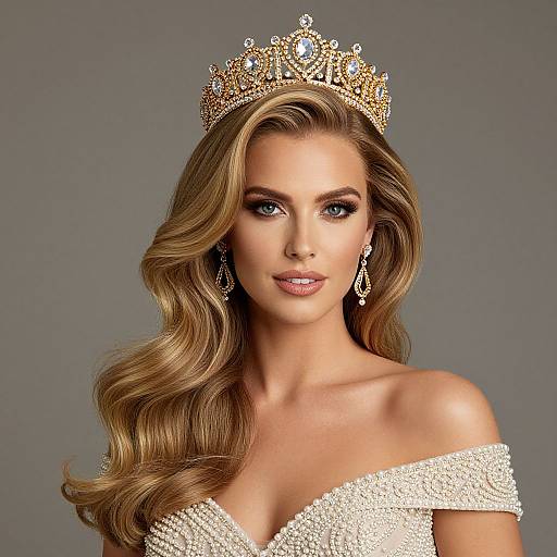 Photograph of a beautiful woman with long, wavy blonde hair, wearing an ornate gold crown, off-shoulder pearl dress, and dangling