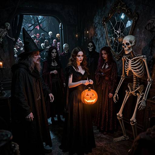 Photograph of a spooky Halloween scene: A woman with curly brown hair in a black dress holds a glowing jack-o'-lantern, surrounded by ghost