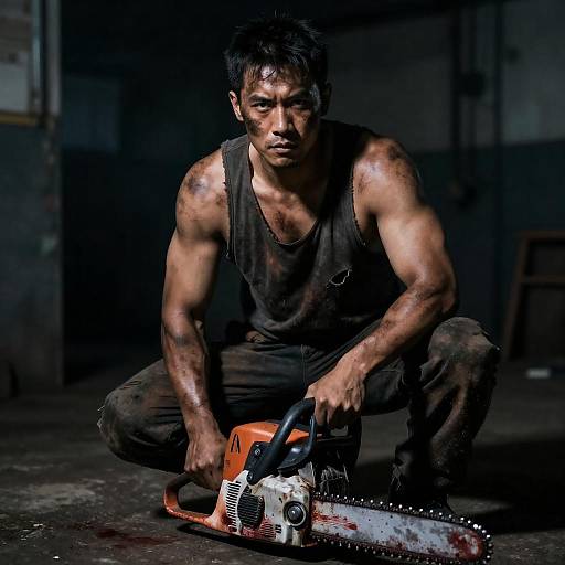 Rugged Chainsaw Man in Industrial Shadows