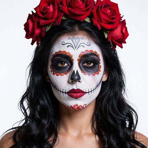 Photograph of a woman with black hair, white face paint, black eye sockets, red accents, black nose, red roses crown, white background.
