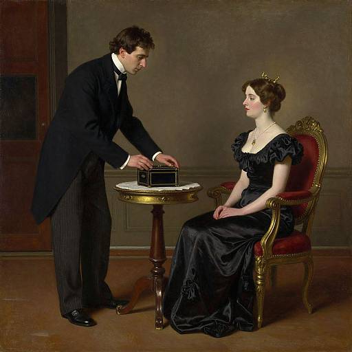 Victorian-era painting of a man in black suit, white shirt, and bowtie offering a small box to a seated woman in a black, r