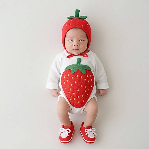 Photograph of baby in white onesie and red strawberry hat, matching red strawberry graphic on chest, and red sneakers, sitting against white background.