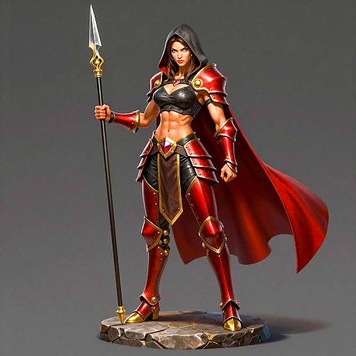 Fantasy Female Warrior in Red Armor with Spear