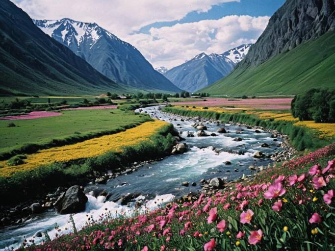 Vibrant Valley Landscape with Flowers